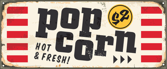 Pop corn retro sign design. Vintage popcorn advertisement on old metal background. Food vector illustration.