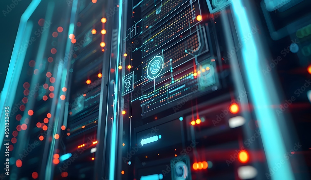 Poster a close up of an open data center server rack with glowing holographic logos and symbols representin
