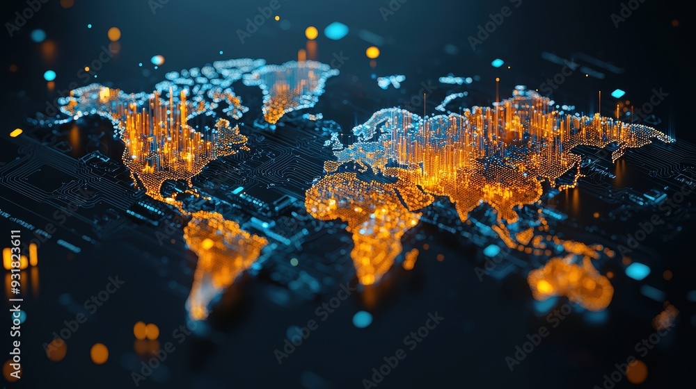Poster a luminous virtual map that displays real-time worldwide bitcoin transactions