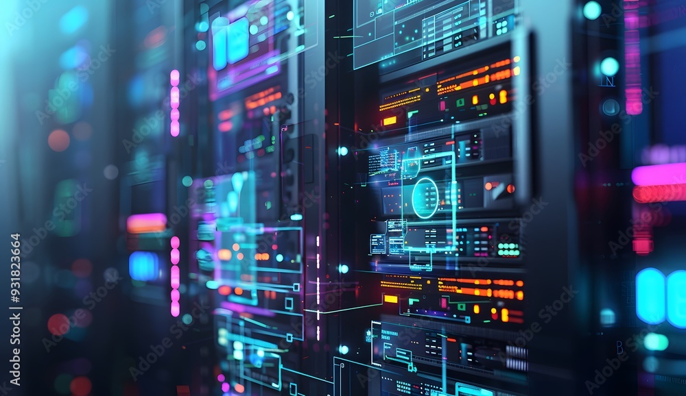 Poster a close up of an open data center server rack with glowing holographic logos and symbols representin