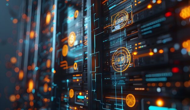 A close up of an open data center server rack with glowing holographic logos and symbols representing blockchain technology, symbolizing the evolution from traditional security to advanced cyber 