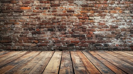 Rustic brick wall paired with a weathered wooden floor, creating a warm and inviting background ideal for product displays