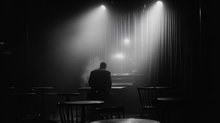 Silhouetted pianist in smoky jazz club for moody music photography and film noir-inspired scene compositions