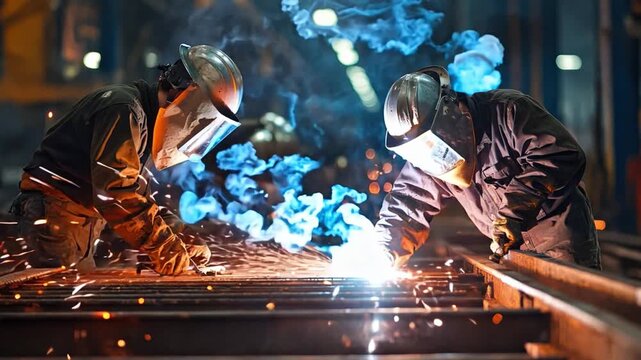 Workers in safety gear welding metal structures in a dimly lit industrial workshop.