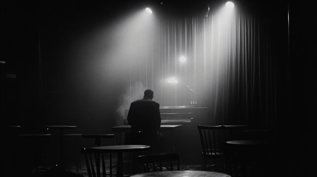 Silhouetted pianist in smoky jazz club for moody music photography and film noir-inspired scene compositions