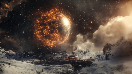 Futuristic mountain city under cosmic phenomenon. Digital art style. Science fiction concept. Design for book cover and game environment. Panoramic view with copy space