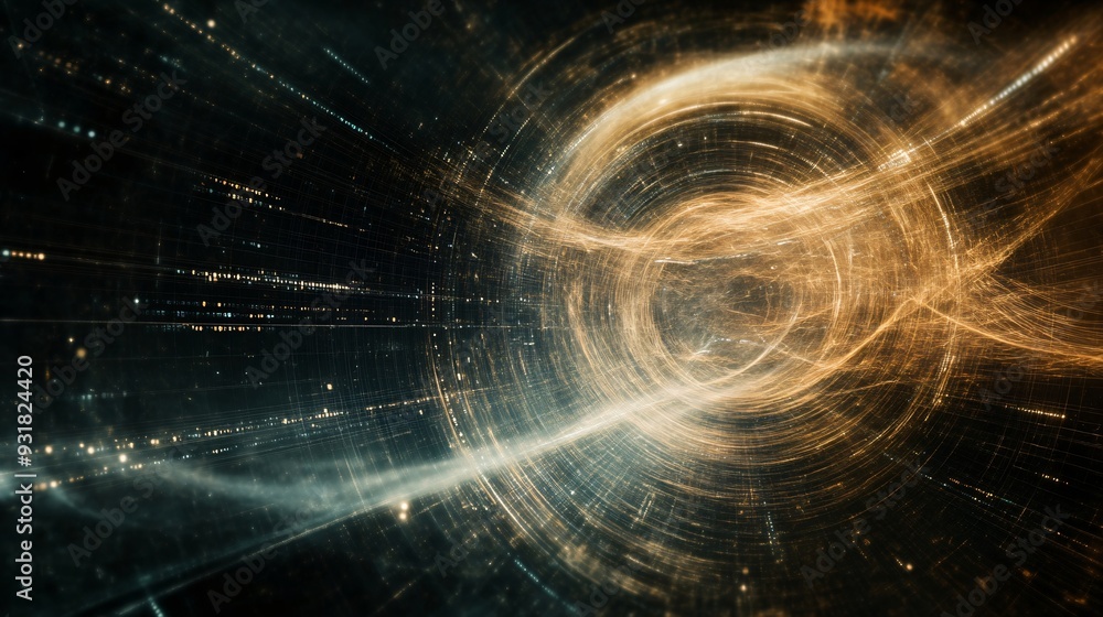 Poster golden energy vortex with digital particles. 3d rendering style. quantum physics and space-time conc