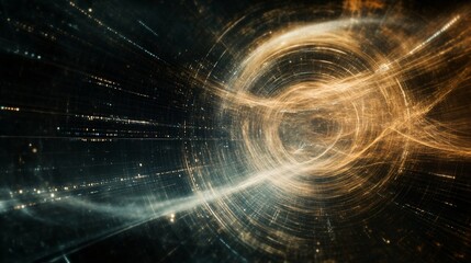 Obraz premium Golden energy vortex with digital particles. 3D rendering style. Quantum physics and space-time concept. Design for scientific visualizations and advanced technology backgrounds
