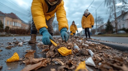Obraz premium Friends Cleaning Up Neighborhood Community Action for a Cleaner Environment A group of friends are seen working together to collect trash from a neighborhood street, demonstrating their commitment to
