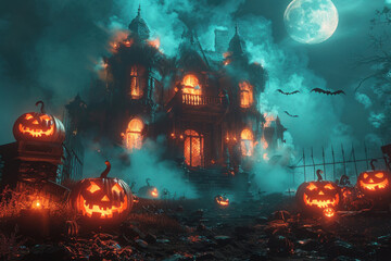 Eerie haunted house with glowing pumpkins at night