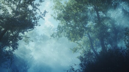 Obraz premium Misty Forest Canopy with Sunlight Filtering Through Leaves