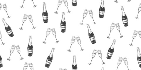 Sketch style seamless pattern with champagne bottle and champagne flutes. Black and white background with clinking glasses. Celebratory toast