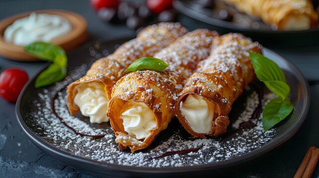 Appetizing cannoli tubes with mascarpone, Italian food
