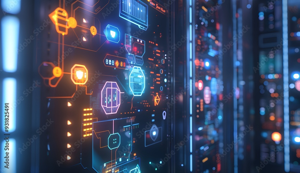 Poster a close up of an open data center server rack with glowing holographic logos and symbols representin