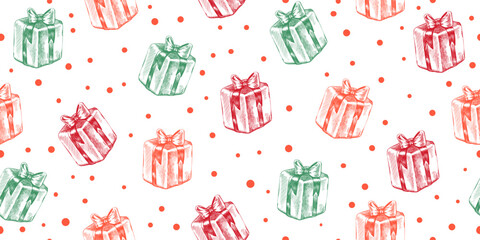 Sketch style seamless pattern with gift boxes. Background with Christmas presents