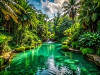 Emerald Oasis: Lush greenery, refreshing water, serene and inviting