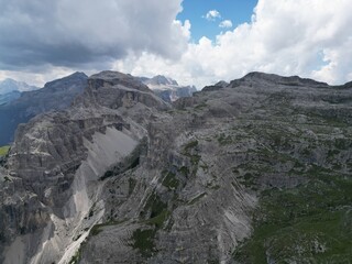 Odle and Cross Monte Croce from Crusc da Rit Aerial view of the Dolomites mountain landscape in Trentino, South Tyrol in Northern Italy.