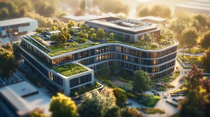 Fototapeta premium Illustration of a sophisticated modern hotel with green rooftops and state-of-the-art energy solutions; high detail and professional quality with emphasis on light and shadows