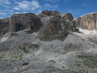 Piz Boe Aerial view of the Dolomites mountain landscape in Trentino, South Tyrol in Northern Italy.