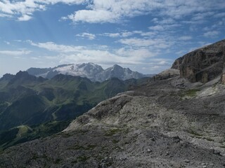 Piz Boe Aerial view of the Dolomites mountain landscape in Trentino, South Tyrol in Northern Italy.