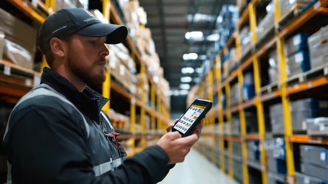 Warehouse worker scanning barcodes with a handheld device, highlighting efficiency in inventory management.