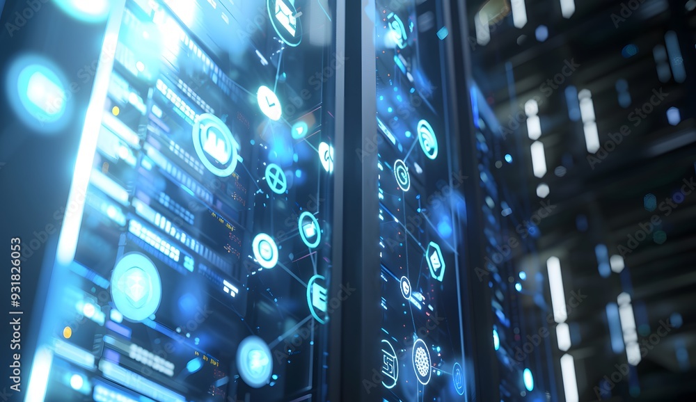 Poster a close up of an open data center server rack with glowing holographic logos and symbols representin