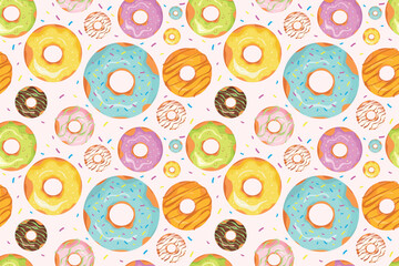 Seamless pattern with colorful donuts. Colored doughnuts assorted, american sweet food. Design for fabric print, bakery sticker cartoon vector dessert texture. Vector illustration.