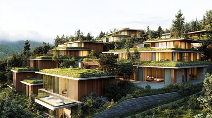 Obraz premium Architectural visualization of a contemporary green hotel with living rooftops, high-tech insulation, and energy-efficient features; detailed, clear focus with balanced lighting