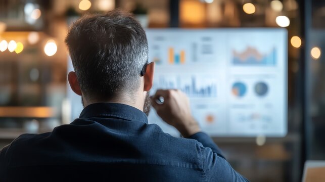 A focused professional analyzing data trends on a screen, showcasing graphs and statistics in a modern office environment.