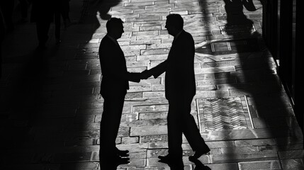 Two businessmen shake hands in a dimly lit hallway, their silhouettes cast against the patterned floor.