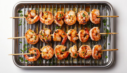 Grilled shrimp skewers garnished with herbs on a metal tray. Delicious seafood ready to serve, perfect for summer barbecues and outdoor parties.