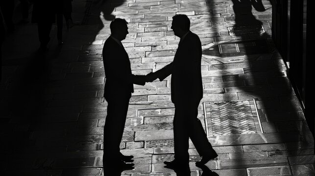 Two businessmen shake hands in a dimly lit hallway, their silhouettes cast against the patterned floor.