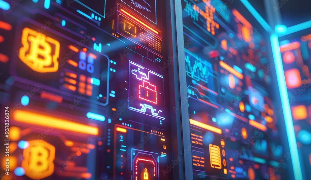 Poster a close up of an open data center server rack with glowing holographic logos and symbols representin
