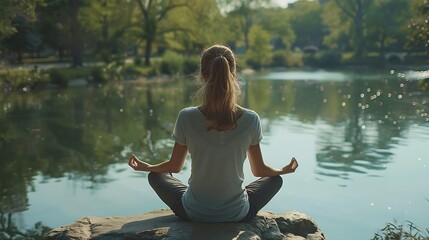 Back view shot of girl meditating sitting on a rock in the park near a lake : Generative AI