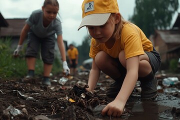 Family Volunteers Cleaning Up Neighborhood Trash Kids, Community Action, Participation, Environmental Cleanup, Sustainable Living, Green Initiative, Keep Our Neighborhood Clean, Protecting Our