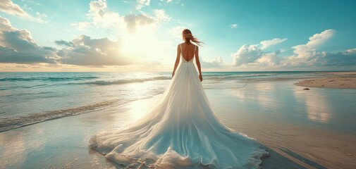 A serene beach scene featuring a bride in a flowing white gown, capturing the essence of love and tranquility at sunset.