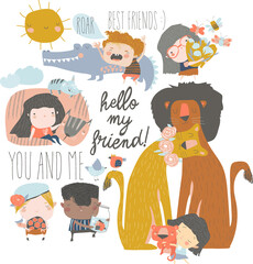 Set of cute cartoon kids with wild animals
