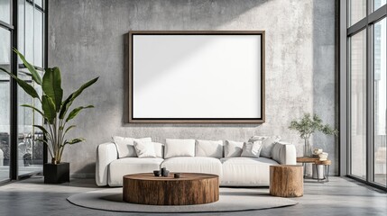 Minimalist Living Room with a White Sofa and Blank Canvas