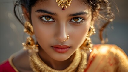 Enchantingly Bejeweled Indian Woman in Ethnic Costume and Accessories