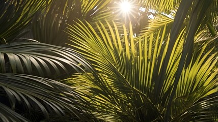 view of palm leaves in a tropical garden illuminated by the sun's rays


