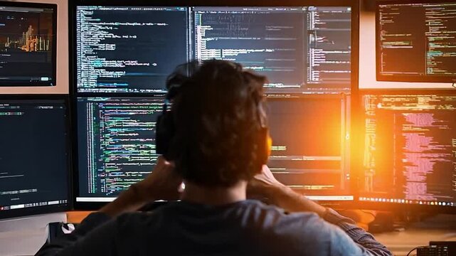 Software engineer writing code on multiple monitors, symbolizing the omplexity and creativity in software development.