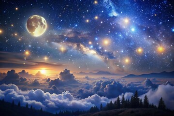 Naklejka premium Ethereal Celestial Nightscape: Shimmering stars, moonlit skies, dreamlike atmosphere