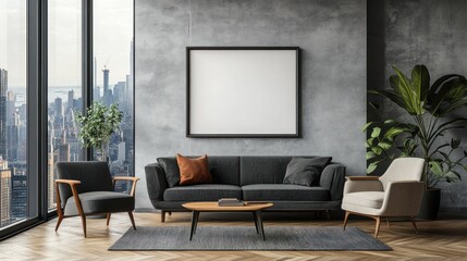 Modern living room with a view of the city skyline