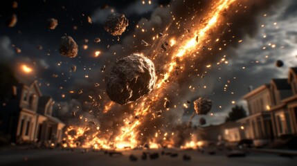 Fototapeta premium A meteorite falls from space and destroys the world. A large ball of fire caused damage to the city.
