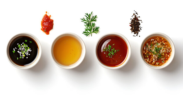 Set of different sauces isolated on white background, top view