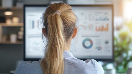 A professional woman analyzes data on a computer screen, focusing on charts and graphs in an office environment.