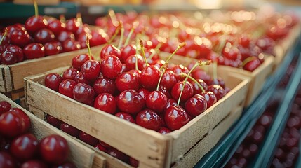 Fresh Red Cherries in Wooden Crate at Farmer's Market