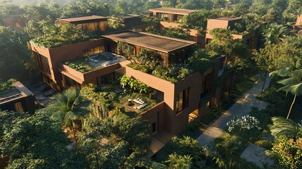 Fototapeta premium Architectural visualization of a cutting-edge green hotel with lush rooftops and advanced insulation; high detail and professional lighting with dynamic shadows