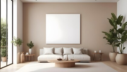 A minimalist living room with a large white canvas on the wall, a beige sofa, and a round wooden coffee table in the center.