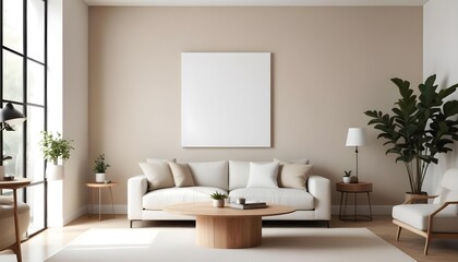 A minimalist living room with a large white canvas on the wall, a beige sofa, and a round wooden coffee table in the center.